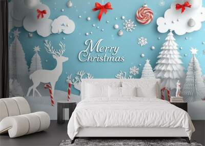 Merry Christmas is written on the background of the image. Two deer standing in a snowy field, with a Christmas tree in the background.Generative AI Wall mural