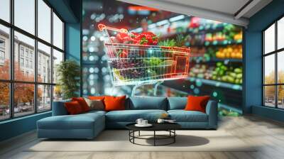 Shopping cart full of fruits and vegetables with futuristic online shopping concept. AI generated Wall mural