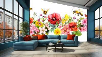 Bees in meadow flowers, summer grasses, wild leaves. Repeating floral horizontal border. Watercolor Wall mural