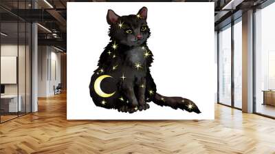 black cat with stars. watercolor animal with fantasy night image for sacred, astronomy, spiritual de Wall mural