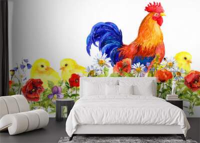 Cock rooster and small chicks in grass, flowers. Seamless pattern. Watercolor Wall mural