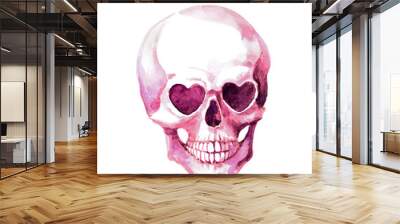 Creepy Valentine human skull with hearts in eyes. Scary gothic creeping watercolor, kinky design, unusual wedding, save date card Wall mural