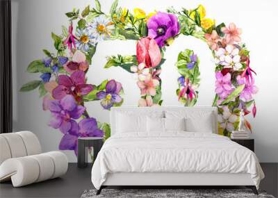 Floral number 50 fifty from wild flowers and meadow grass. Watercolor numeric Wall mural