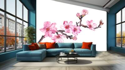 Flowering cherry tree. Pink apple flowers, sakura, almond flowers on blooming branch. Water color Wall mural