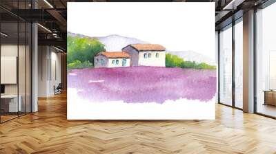 Lavender field and rural house in Provence, France. Watercolor Wall mural