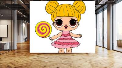 Lol doll with big eyes in pink dress with lolly pop. Vector l.o.l toy picture Wall mural