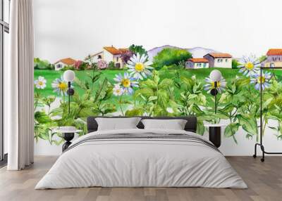 Spring meadows around a rural house. Seamless border. Watercolor illustration of village buildings with garden Wall mural