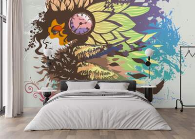 flower design element on Woman hair Wall mural