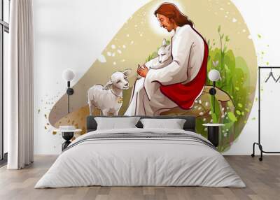 Jesus Christ sitting on a rock with two lambs Wall mural