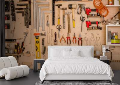 Workshop scene. Tools on the board. Wall mural