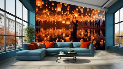 A Sea of Glowing Lanterns: A Stunning Reflection Over Water. Generative Ai Wall mural