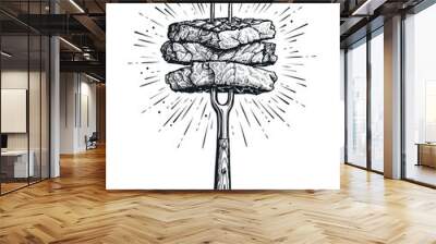 Barbecue, pieces of meat on fork food meat. Hand drawn steak BBQ sketch vector illustration Wall mural