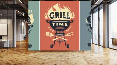 BBQ time, grill party retro poster set. Summer barbecue picnic. Cookout grilled food vector illustration Wall mural