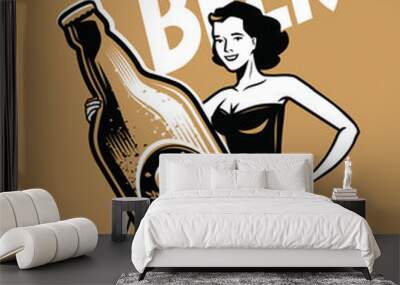 Beer and girl retro poster. Vintage vector illustration Wall mural