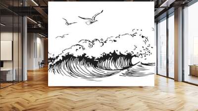 Birds fly over the sea. Seascape with waves, seagulls. Travel concept. Hand drawn landscape in vintage engraving style Wall mural