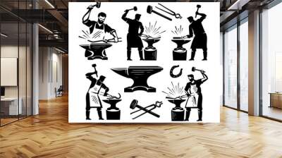 Blacksmithing set concept vector. Collection design elements for craft Workshop, Blacksmith shop, metal work Wall mural