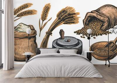 Bread making concept. Collection of vector illustrations Wall mural