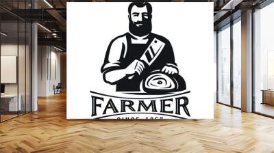 Butcher with cleaver knife and fresh beef meat. Butcher shop, farm organic food emblem or logo. Vector illustration Wall mural