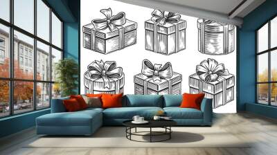 Christmas gift or Birthday present box with ribbon bow. Hand drawn illustration Wall mural