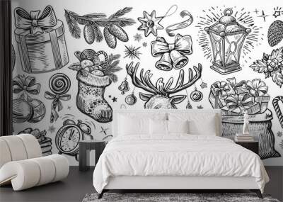 Christmas vintage, concept. Hand drawn illustration in sketch style, for holiday design Wall mural