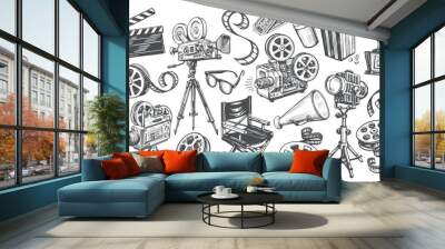 Cinema set in sketch style. Making movie, film screening, tv, video concept. Hand drawn vintage vector illustration Wall mural