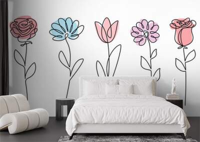 Continuous line drawing set of flowers. Plants one line illustration. Minimalist Prints vector illustration Wall mural