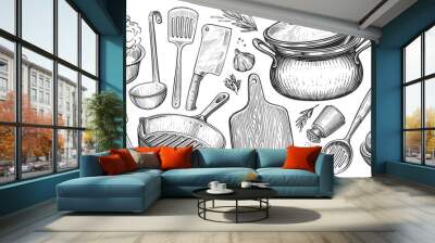 Cooking concept. Kitchen utensils set in vintage engraving style. Sketch illustration Wall mural