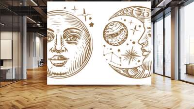 Crescent, moon with face and stars. Esoteric and occult magic sign. Astrology engraving vector vintage illustration Wall mural