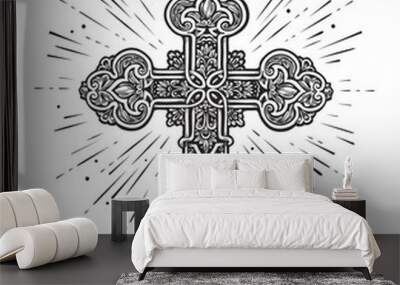 Cross and rays of radiance. Worship, church, bible, prayer symbol. Faith in God sketch illustration Wall mural