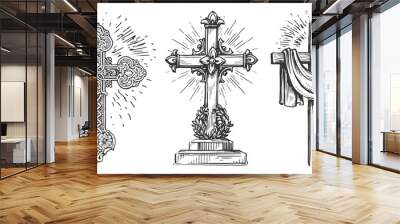 Cross symbol of faith in God. Biblical sign. Catholicism, christianity religious elements. Vintage illustration Wall mural