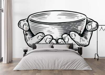 Empty bowl in hands. Sketch vintage vector illustration Wall mural