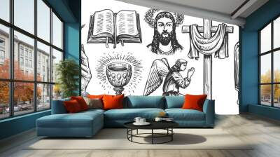 Faith in God concept, sketch. Collection of religious illustrations in vintage engraving style Wall mural