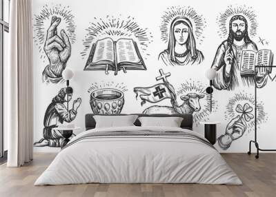 Faith in God concept in sketch style. Set of religious illustrations in vintage engraving style Wall mural