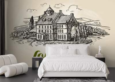 farm, vineyard sketch. vintage rural landscape, farming, agriculture vector illustration Wall mural