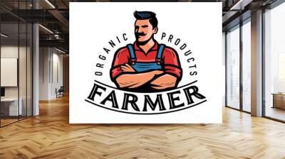 Farmer logo or emblem. Farm, agriculture, farming badge. Organic natural food symbol vector illustration Wall mural