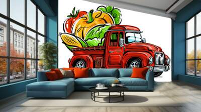 Farmer rides in a truck loaded with organic food. Farm vector illustration Wall mural