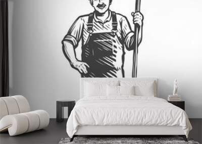 Farmer with pitchfork sketch. Farming, farming concept. Vintage vector illustration Wall mural