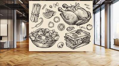 fast food. Hand drawn grilled chicken, salad, sandwich, vermicelli, mushrooms, carrot sticks, tomatoes, peppers. Sketch vector illustration Wall mural