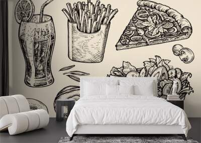 fast food. hand drawn soda, lemonade, fries, slice of pizza, salad, dessert, donut. sketch vector il Wall mural