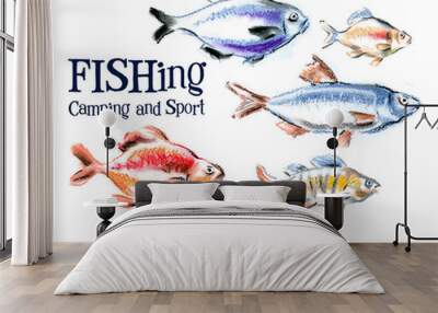 fresh fish and seafood on white background Wall mural