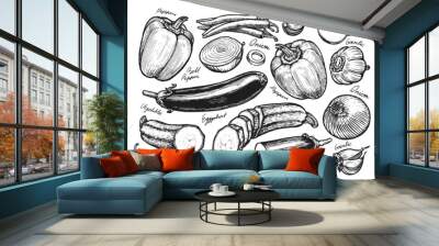 Fresh vegetables set sketch. Farm food hand drawn vintage vector illustration Wall mural