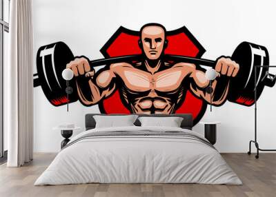 Gym, bodybuilding, sport logo or label. Bodybuilder with heavy barbell in hands. Vector illustration Wall mural