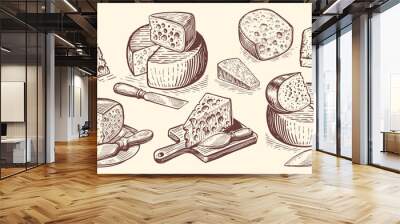 Hand drawn Cheese set sketch. Dairy food collection. Vector illustration in vintage engraving style Wall mural