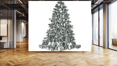 Hand drawn Christmas tree and gifts Wall mural