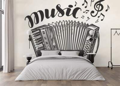 Hand drawn classic accordion. Vintage musical instrument. Music symbol, vector illustration Wall mural