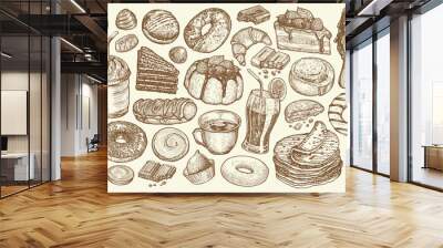 Hand drawn collection sweet desserts. Food and drink sketch set for cafe or restaurant menu. Vintage vector illustration Wall mural