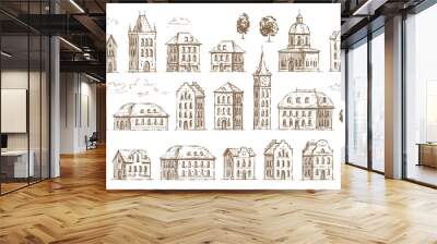 Hand drawn historic buildings set. Vintage sketch of architecture Wall mural