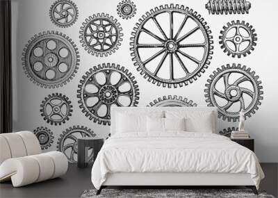 hand-drawn vintage gears, cogwheel. sketch mechanism, industry. vector illustration Wall mural