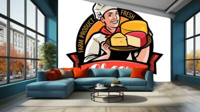 Happy chef with cheese in hand. Farm food logo or label. Vector illustration Wall mural