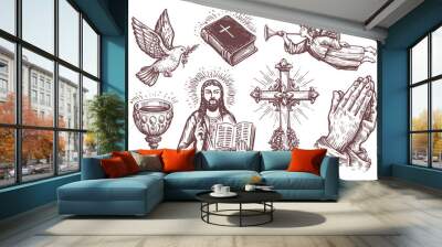 Holy Bible, hands folded in prayer, angel sketch. Religion symbols set. Collection of vintage vector illustrations Wall mural